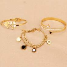 Juego de pulsera de 3 en 1 de acero inoxidable con elegante flor de cuatro hojas, pulsera con colgante de corazón con circonita brillante de estilo romano, adecuado para uso diario, banquetes, bodas y como regalo, para todas las estaciones