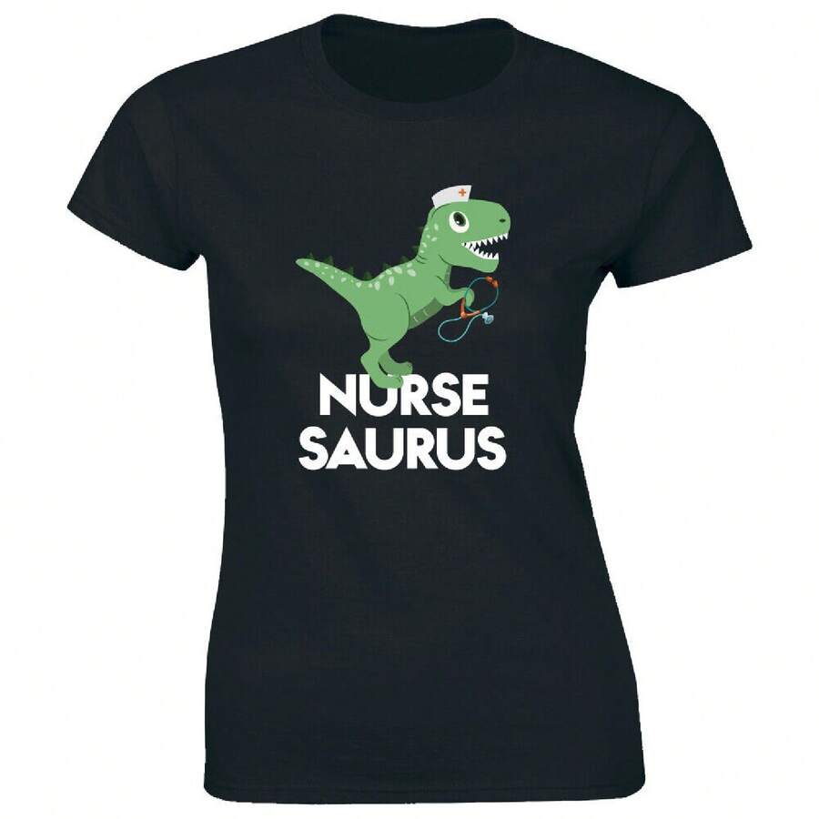 Nurse Saurus With Dinosaur And Stethoscope Women's T-Shirt Cute Halloween Tee - Black - View 1