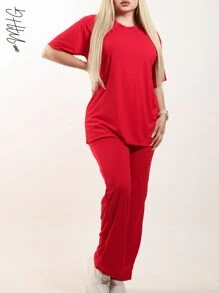 Conjunto de 2 Piezas Oversize Unicolor para Dama Mujer Amplio y Holgado de Blusa de Cuello Redondo Unicolor con Manga Corta y Hombros Caídos Cómoda y Pantalón Oversize Holgado Unicolor Sin Bolsillos Moda Otoño Primavera y Verano Estilo Casual y Versatil para Todo Tipo de Ocasion - Rojo - Ver 4