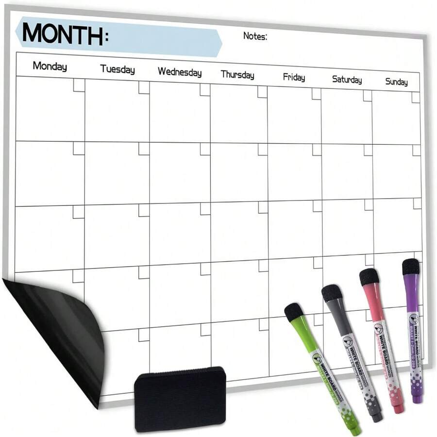 Magnetic Dry Erase Calendar For Refrigerator Starting From Monday - 17x12" Monthly Calendar Whiteboard For Fridge - No Stains Or Ghosts - White Board Planner - 4 Dry Erase Markers And Large Eraser