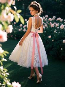 新娘腰带，时尚纯色超长腰带，配缎带蝴蝶结装饰丝带，适合婚纱、母亲节礼物、派对礼物、生日礼物、万圣节角色扮演、圣诞节等 - 粉色 - 查看 2