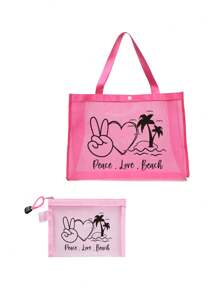 Deace Love Beach Letters Scissor Hands, Hearts And Coconut Trees Pattern Gauze Shoulder Bag, Room Decor, Bags, Makeup Bag, Vanity, Travel, Make Up Bag, Travel Essentials, Organizer, Storage, Travel Essential, Makeup Organizer, Makeup Bags, Washing Bag, Desk Organizer, Cosmetic Bag, Makeup Pouch, Makeup Organizer, Vanity Accessories, Makeup Pouch, Makeup Bags, Gifts for Women, Christmas Gifts, Gift Ideas for Women, Pouch, Makeup Pouch, Travel Essential - 粉色 - 查看 14