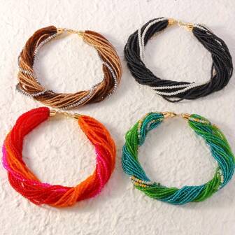 1pc Bohemian Multilayer Glass Bead Necklace, Rainbow Color, Vintage Jewelry Suitable For Daily, Vacation, Beach Wear, Handmade With Slight Size Variation