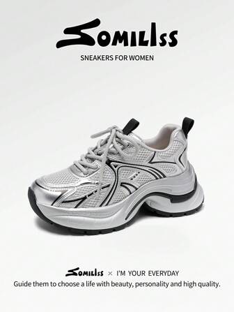 somiliss 1 双女式运动防滑休闲运动鞋，前系带仿皮网眼透气舒适厚底运动鞋，时尚增高 5 厘米低帮户外步行鞋，银色