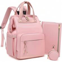 Diaper Bag Backpack With Changing Pad & Pacifier Case – One-Handed Convenience, Unisex Cute Baby Bag For Girls & Boys, Perfect Baby Shower For Mom & Dad - 粉色 - 查看 1