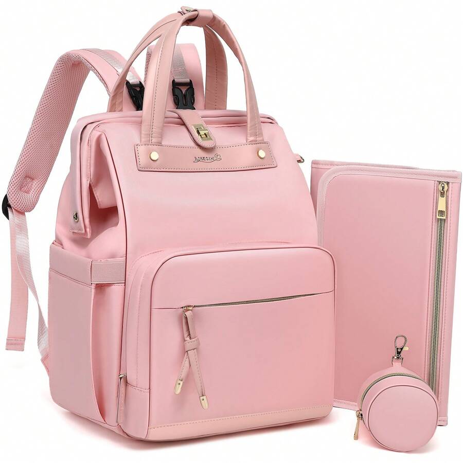 Diaper Bag Backpack With Changing Pad & Pacifier Case – One-Handed Convenience, Unisex Cute Baby Bag For Girls & Boys, Perfect Baby Shower For Mom & Dad - 粉色 - 查看 1