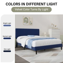 Queen Bed Frame, Upholstered Bed Frame, Velvet Upholstered Bed Frame With Headboard And Footboard, Vertical Channel Tufted Headboard, White/ Black/ Pink/ Green/ Blue, Twin/ Full/ Queen/ King - 藍色 - 查看 6