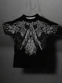 男士休闲骷髅与字母印花圆领短袖 T 恤，夏季学生装 - 黑色 - 查看 5