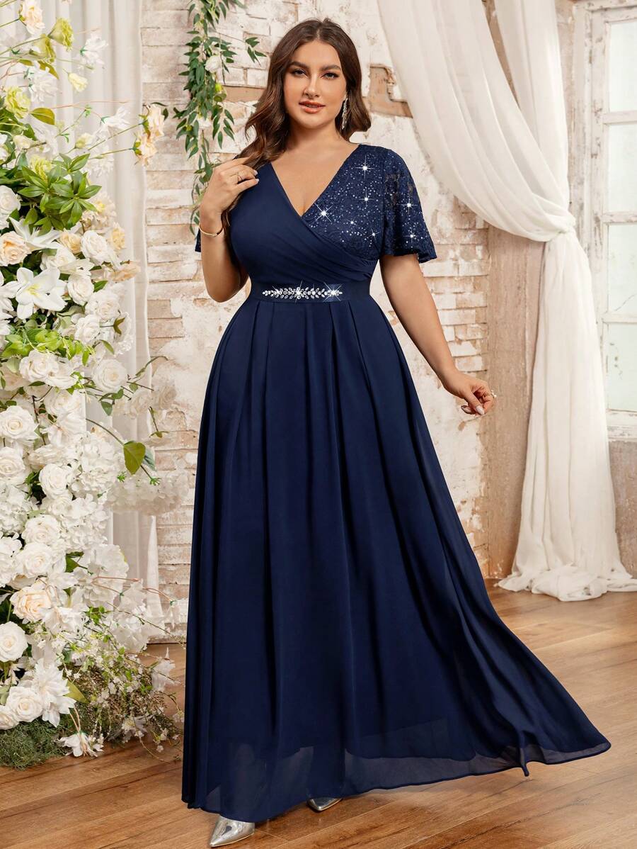 Plus Butterfly Sleeve V-Neck Floral Lace Contrast Chiffon Rhinestone Ribbon Waist Evening Party Maxi Dress - Màu xanh hải quân - Xem 1
