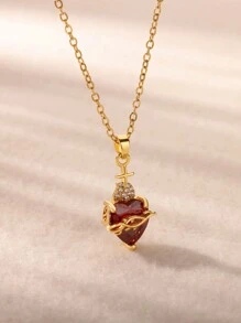 1 PC Romantic Red Heart Zirconia Cross Pendant Necklace Gold Color Stainless Steel Chain Necklace Fashion Jewelry Best Gift For Love - N04934G-5 - View 11