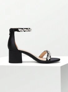 Women Chunky Low Heel Pump Sandals  Rhinestone Decor Ankle Strap Open Toe Heeled Sandals, For Daily Wearing Prom Party Wedding - Black - View 3