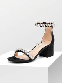 Women Chunky Low Heel Pump Sandals  Rhinestone Decor Ankle Strap Open Toe Heeled Sandals, For Daily Wearing Prom Party Wedding - Black - View 1