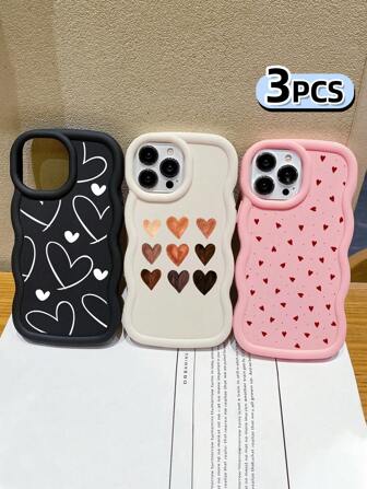 3 piezas Estuches de teléfono de silicona suave con diseño de corazón surtido, con tema de dopamina en negro, blanco y rosa, compatibles con 17 / 17 Air / 17 Pro / 17 Pro Max, 11, 13, 14, 15, 16 y teléfonos Galaxy