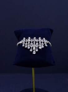 5pcs White Gold Plated Luxury Royal Style Tassel Leaf Design Bridal Wedding Jewelry Set, Handset White Cubic Zirconia, Including Necklace, Bracelet, Earrings, Ring, Suitable For Daily Wedding, Wedding Anniversary Gift (Gift Box Packaging) Included