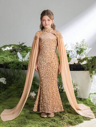 少女雪纺披肩袖亮片派对连衣裙