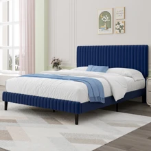 Queen Bed Frame, Upholstered Bed Frame, Velvet Upholstered Bed Frame With Headboard And Footboard, Vertical Channel Tufted Headboard, White/ Black/ Pink/ Green/ Blue, Twin/ Full/ Queen/ King - 藍色 - 查看 7