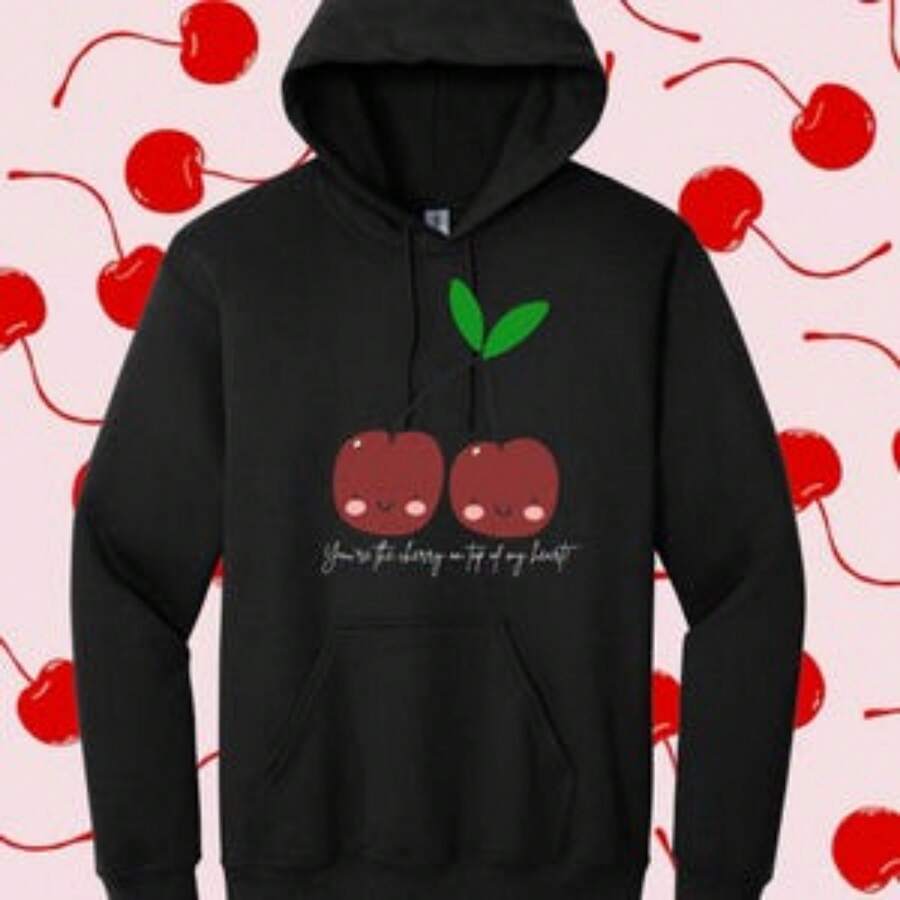 Essential Women Hoodie Valentine's Day Cherries Hoodie, You're The Cherry On Top Of My Heart Hoodie, Cherry Lover Valentine Hoodie, Valentine's Day, Gift For Her Oversized Cute Holiday Pullover Tops With Pockets