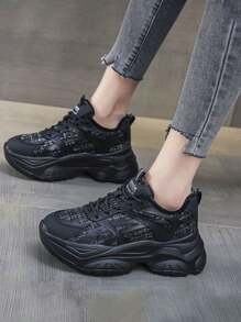 Zapatillas de cuña para mujer , Zapatillas de tenis casuales deportivas versátiles , Zapatillas de deporte para mujer , Zapatillas deportivas PU , Zapatillas para correr con suela gruesa que mejoran la altura , Zapatillas de plataforma cómodas y elegantes - Negro - Ver 3