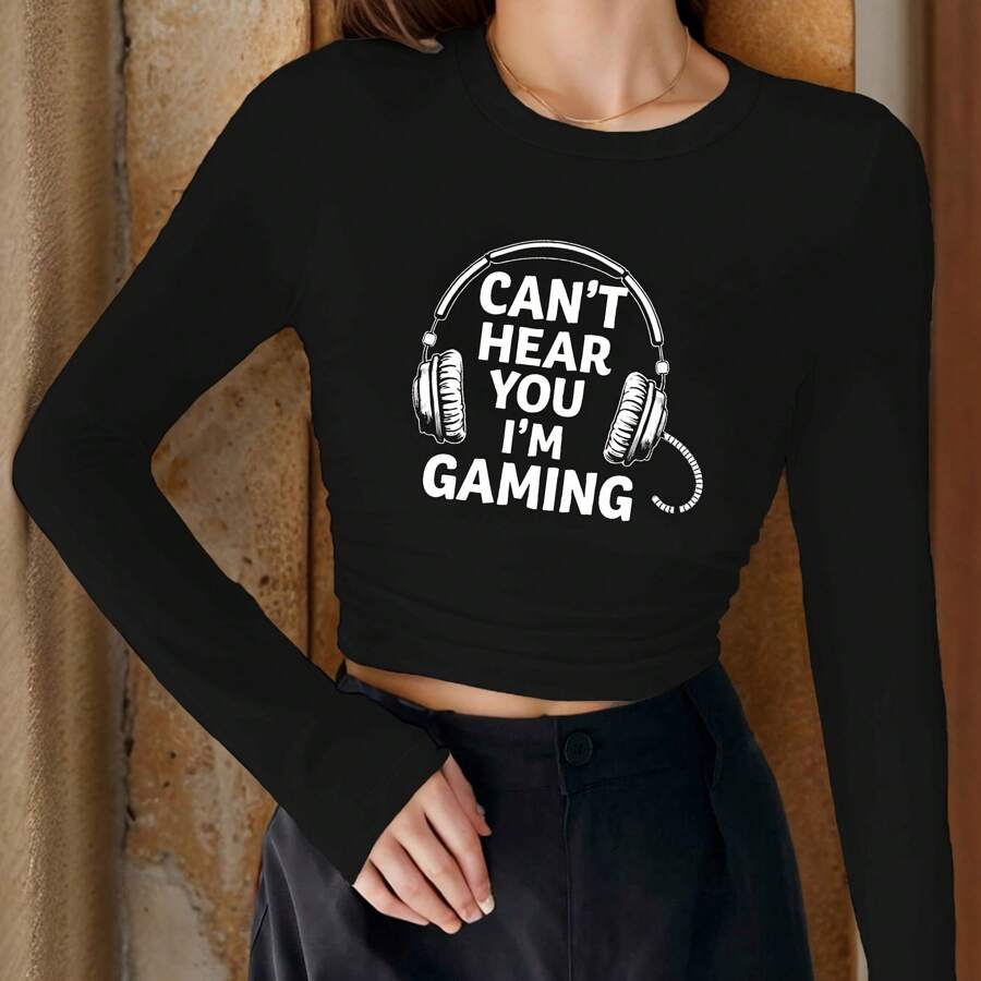 Headphones CAN T HEAR YOU I M GAMING Women'S Fashion Long Sleeve Clothing - 黑色 - 查看 1