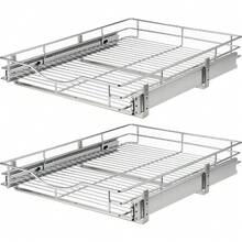 Pull Out Cabinet Organizer, (20" W X 21" D) Heavy-Duty Metal Sliding Drawer Shelf, Bathroom Under Sink Kitchen Cabinets Organizer And Storage Slide Out Shelves, Chrome, 1 Tier, 2 Pack