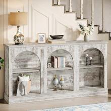 LITTLE TREE Farmhouse Console Table, 63-Inch Long Foyer Table With 3 Tier Storage, Wooden Rectangular Sofa Table For Behind The Couch, Entryway, Hallway, Living Room, Brown - Distressed White - 查看 3