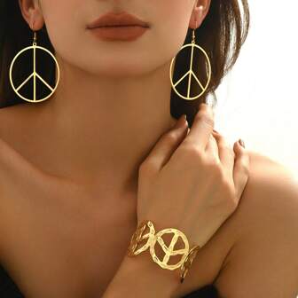 3pcs Set European & American Style Exaggerated Vintage Peace Sign, Minimalist Geometric Open Cuff Bracelet And Stud Earrings For Women