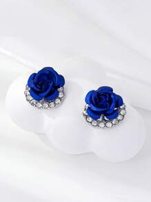 1 par de nuevos pendientes de flor de rosa azul cristalina, elegantes y minimalistas, aretes florales con estilo para mujeres