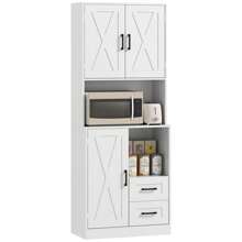 HOMCOM Alacena de Cocina Rústico Armario de Cocina Mueble Auxiliar de Cocina con 3 Puertas Compartimentos Abiertos 2 Cajones Orificio pasa Cables y Estantes Ajustables 70x40x180 cm Blanco - Blanco - Ver 2