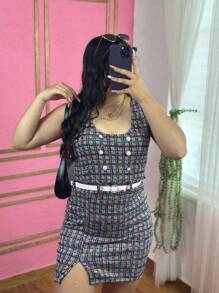 Short Dress With Wide Straps And Buttons And Leg Opening (Includes Belt) - Navy Blue - View 1