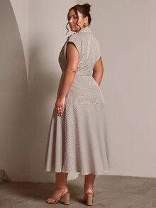 Plus Size Women's Spring/Summer New Front Button Striped Long Waist Cinched Dress, Fashionable For Commuting, Elegant Office Outfits For Women - Brown - View 4