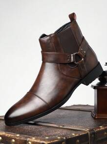Men's Stylish High-Top Boots - Slip-On, Solid Color, Durable Rubber Sole, Comfortable Faux Leather, Non-Slip, Fashion Ankle Booties For Outdoor Wear - 棕色 - 查看 1