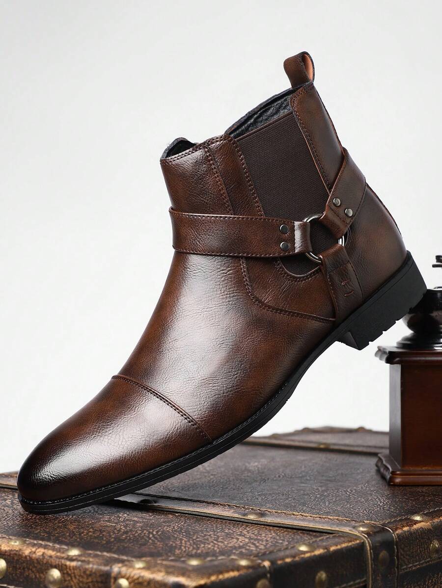 Men's Stylish High-Top Boots - Slip-On, Solid Color, Durable Rubber Sole, Comfortable Faux Leather, Non-Slip, Fashion Ankle Booties For Outdoor Wear - 棕色 - 查看 1