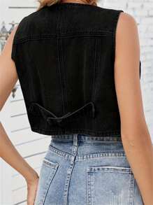 Women's Solid Color Denim Vest Sleeveless V Neck Slim Fit Trendy Button Up Tank Tops