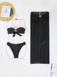 Conjunto de bikini de mujer estilo bandeau con decoración de estrella de mar de metal y falda, set de traje de baño de tres piezas para playa y vacaciones de verano