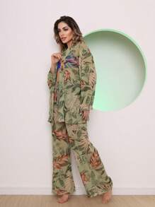 Kimono And Wide-Leg Pants Beach Cover-Up Set - 橄欖綠 - 查看 3