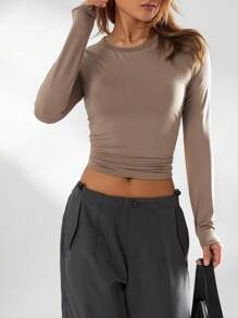 Womenacute;S Spring Autumn Slim Tops Solid Color Long Sleeve Round Neck Streetwear Blouse