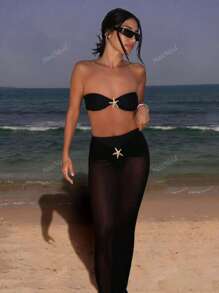 Conjunto de bikini de mujer estilo bandeau con decoración de estrella de mar de metal y falda, set de traje de baño de tres piezas para playa y vacaciones de verano