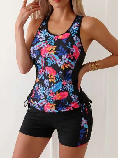 Tropisches Muster Tankini Set mit Kordel an der Seite zur Bauchbedeckung, für Sommer Strandurlaub