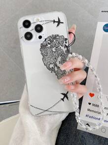 Carcasă de telefon moale, rezistentă la șocuri, perforată, cu design de înaltă transparență, cu model Love Line, vopsită în formă de avion, cu brățară cu mărgele lucrată manual - Multicolor - Vizualizare 1