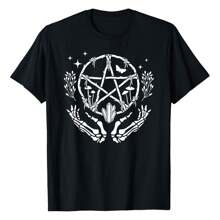 Wiccan Pentacle Wreath With Skeleton Hands And Crystals T-Shirt,220g Pure Cotton Single-Sided Printed Round Neck Short Sleeved Shirt.