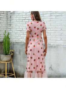 Vestido de mujer de manga burbuja en V profunda fresa, vestido de corbata, Seaside, Holiday - Rosa - Ver 9