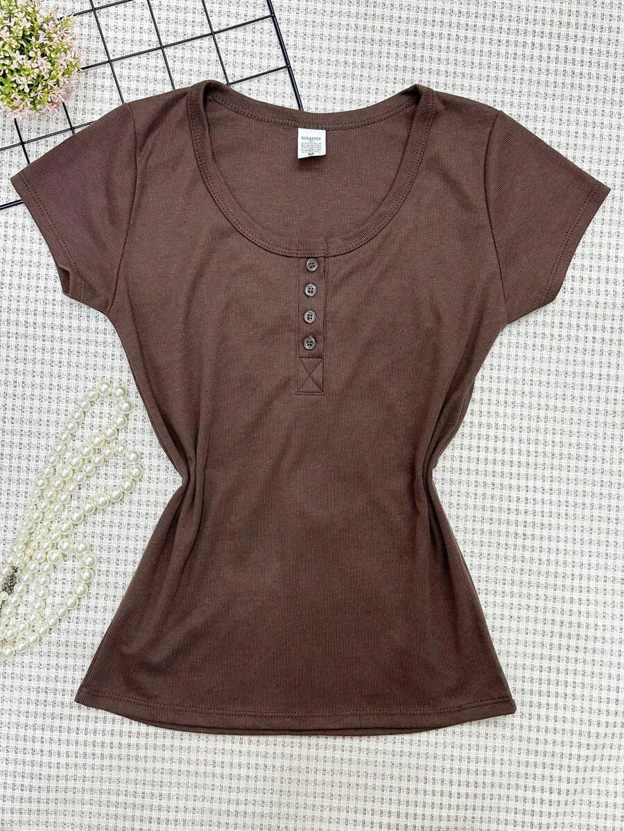 Short Sleeve Cotton Blouse With Openable Button - 咖啡棕 - 查看 1