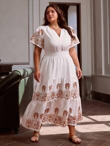 Simplee Vestido largo casual con cuello en V y mangas cortas con estampado de palmeras para mujer talla grande, estilo vintage, primavera - Blanco - Ver 7