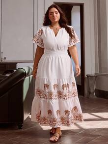 Simplee Vestido largo casual con cuello en V y mangas cortas con estampado de palmeras para mujer talla grande, estilo vintage, primavera - Blanco - Ver 4
