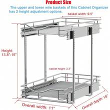 2 Tier Pull Out Cabinet Organizer (11" W X 18" D) Heavy-Duty Metal Sliding Drawer Shelf, Two Tier Pull Out Shelves For Kitchen Cabinets, Pantry, Bathroom, Chrome Finish