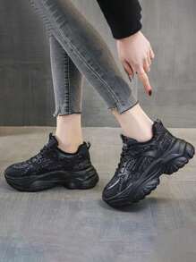 Zapatillas de cuña para mujer , Zapatillas de tenis casuales deportivas versátiles , Zapatillas de deporte para mujer , Zapatillas deportivas PU , Zapatillas para correr con suela gruesa que mejoran la altura , Zapatillas de plataforma cómodas y elegantes - Negro - Ver 1