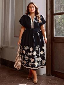 Simplee Plus Size Women's Spring/Summer New Mesh Embroidered Puff Sleeve Lace Trim Dress, Elegant Party Dress, 4th Of July, Birthday Dress - Black - View 4