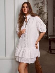 Simplee Women's Summer New Embroidered Ruffle Trim Front Button Closure Short Dress, Bohemian Style, Suitable For Music Festivals, Vacations, Outings, And Dates White - White - View 5