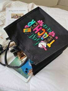 Creative Teacher Alphabet Printed Linen Handbag,Big Bag With Small Bag,Khaki Color Block Shopping Bag - Black - View 7