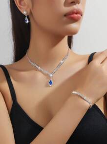 4pcs/Set Minimalist Elegant Floral Drop Pendant Necklace, Earrings, Bracelet Jewelry Set, Rhinestones Bridal Wedding Dress Accessories, Party, Valentine's Day Gifts For Her,Mom,Mother,Mother's Day,Gift